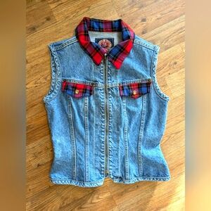 Paris blues Vintage zip up denim shirt red plaid collar and pockets size M
